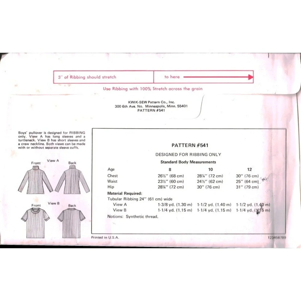 Vintage Kwik Sew 541 Boys Rib Knit Pullover Turtleneck Pattern Size 8 10 12